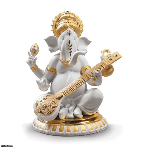 Lladro Veena Ganesha Figurine. Golden Lustre SKU: 01009276