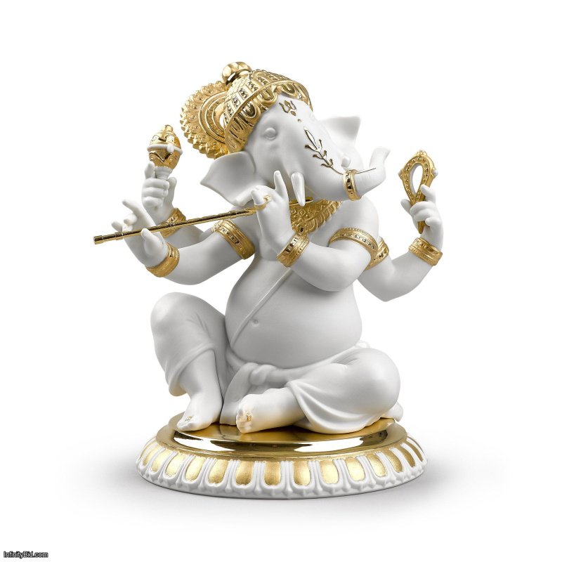 Lladro Bansuri Ganesha Figurine. Golden Lustre SKU: 01009277