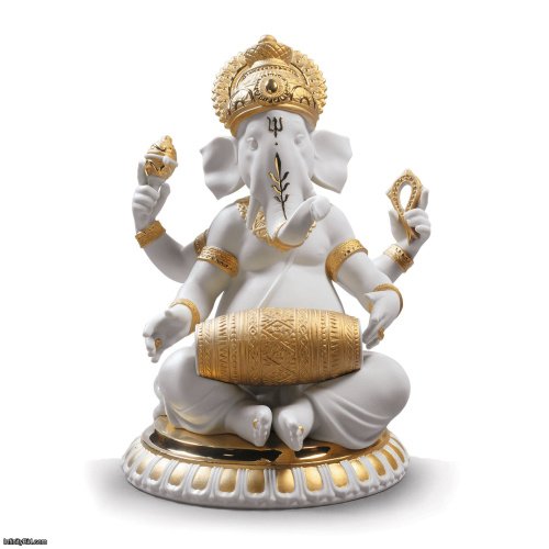 Lladro Mridangam Ganesha Figurine. Golden Lustre SKU: 01009278