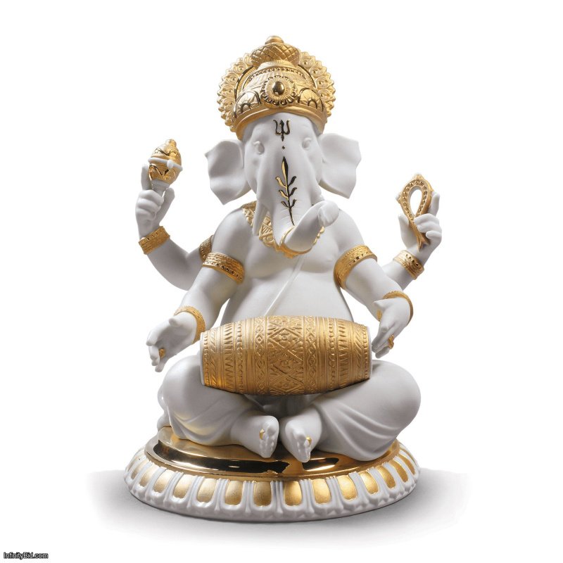 Lladro Mridangam Ganesha Figurine. Golden Lustre SKU: 01009278