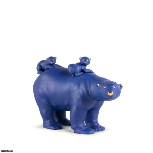 Lladro Mummy bear and babies (blue-gold) Sculpture. Limited Edition SKU: 01009565