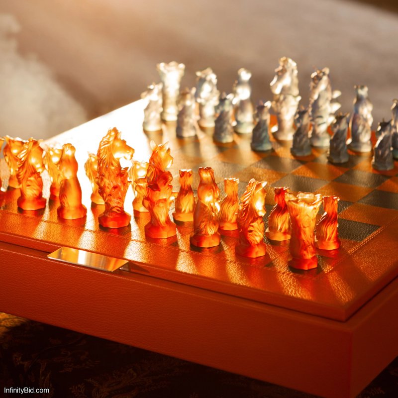 Daum Cavalcade Chess Set – Limited Edition of 50 – Pâte de Verre Crystal and Leather – SKU: 05229