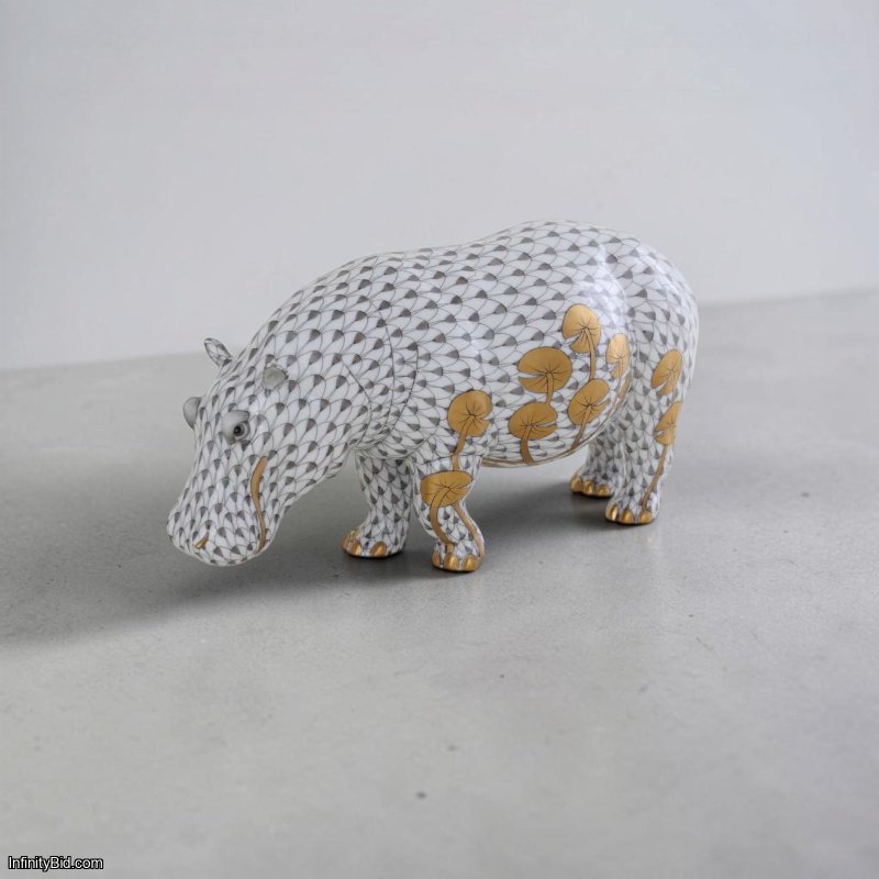 NEW in BOX HEREND 8.75" HIPPO Grey Fishnet Gold Lily Pad Figurine LIMITED ED 150 ($1,960 Retail)