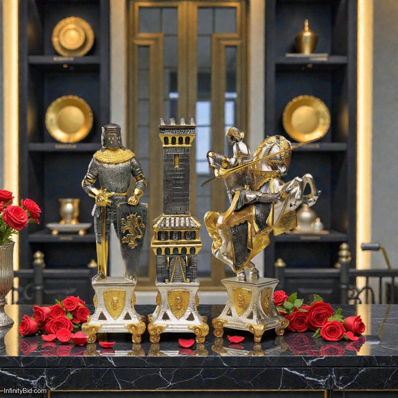 Italfama Medieval Luxury Chess Table Set – Bronze & 24K Gold – Onyx Board + Velvet Stools – Signed Pieces