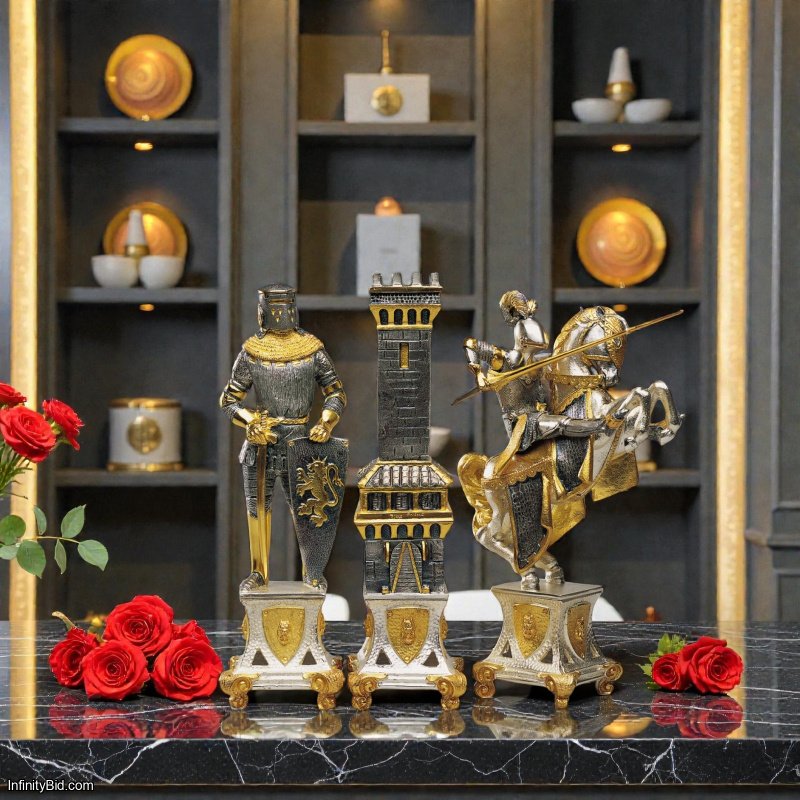 Italfama Medieval Luxury Chess Table Set – Bronze & 24K Gold – Onyx Board + Velvet Stools – Signed Pieces