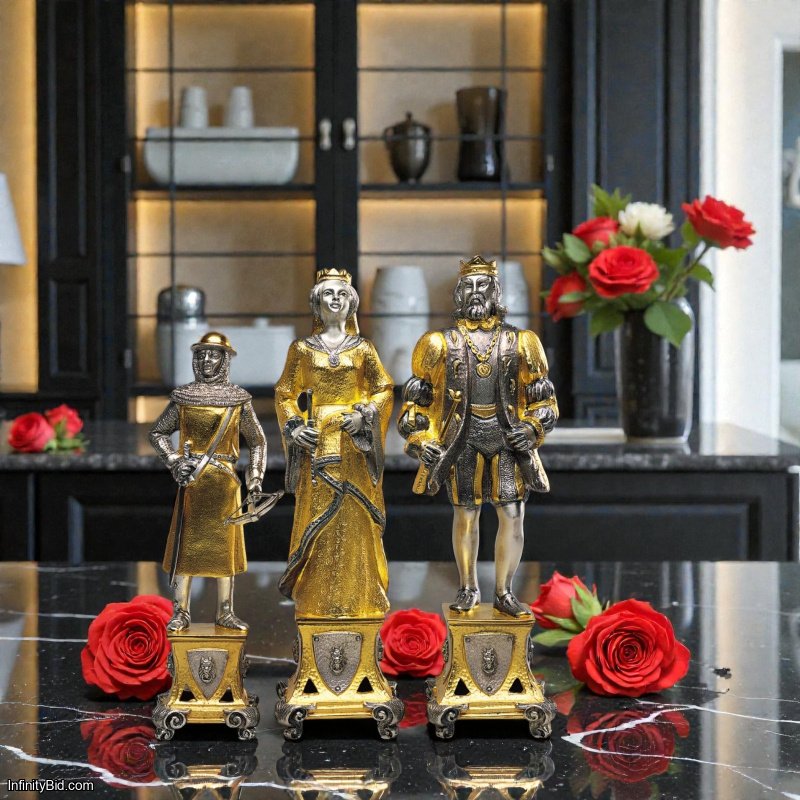 Italfama Medieval Luxury Chess Table Set – Bronze & 24K Gold – Onyx Board + Velvet Stools – Signed Pieces