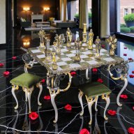 Italfama Medieval Luxury Chess Table Set – Bronze & 24K Gold – Onyx Board + Velvet Stools – Signed Pieces