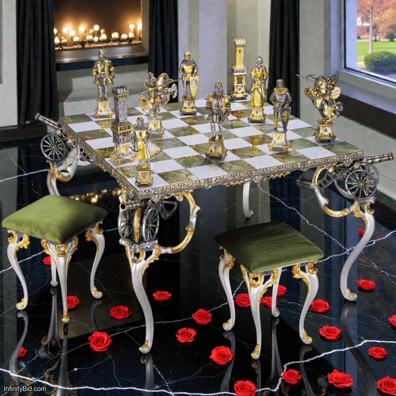 Italfama Medieval Luxury Chess Table Set – Bronze & 24K Gold – Onyx Board + Velvet Stools – Signed Pieces