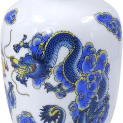 Dahlia Blue and White Vase, Handmade Chinese Porcelain Flower Vase, Dragon Motif, Melon Shape 8.5 Inches