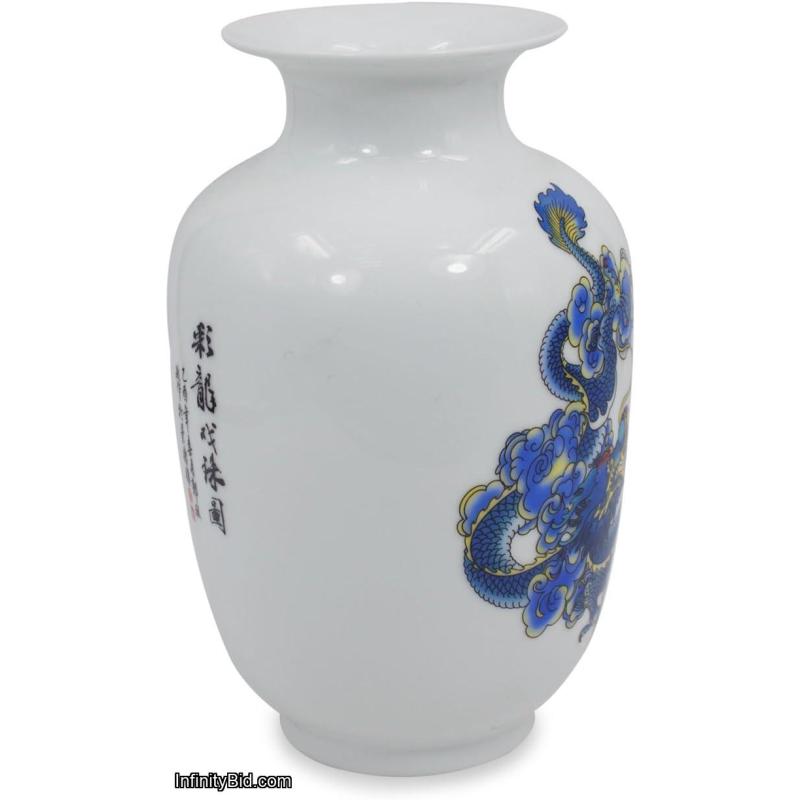 Dahlia Blue and White Vase, Handmade Chinese Porcelain Flower Vase, Dragon Motif, Melon Shape 8.5 Inches