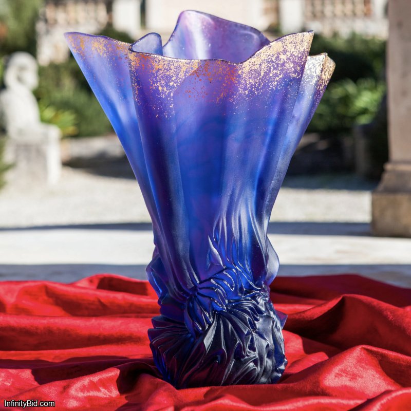 Daum France Croisière Collection: Limited Edition Midnight Blue & Gold Leaf Large Vase SKU 05757-1