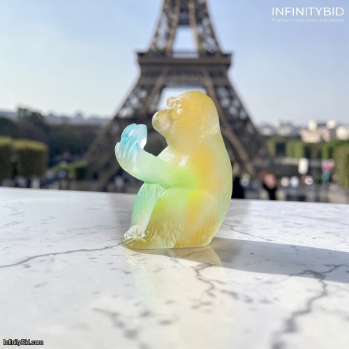 Daum Horoscope Monkey with Peach – Yellow and Green Crystal – SKU: 05556