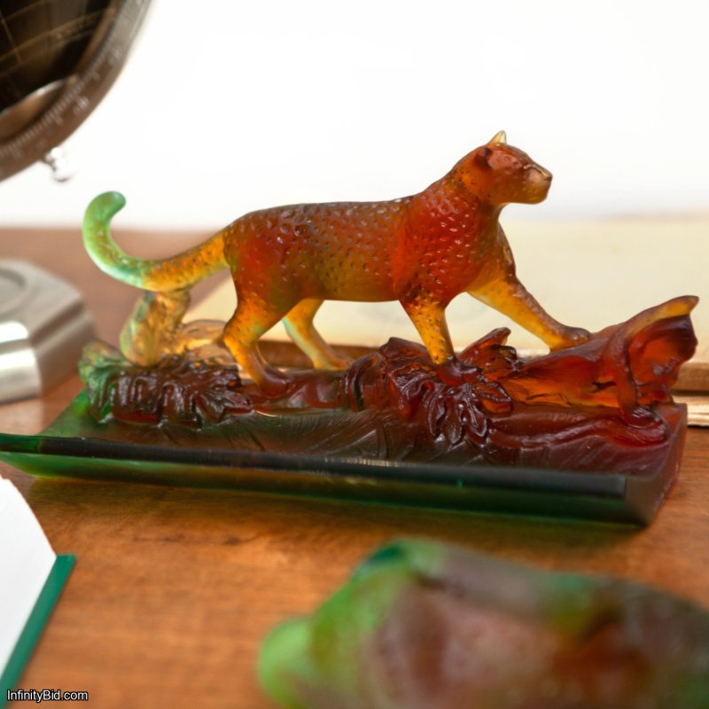 Daum – Léopard Tropical Pencil Tray Amber & Green Pâte de Verre SKU: 05745-1
