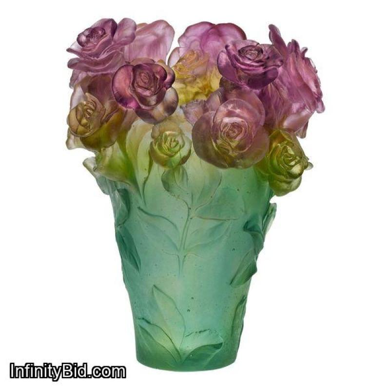 Daum Numbered Ed. Crystal Rose Passion Vase Green & Pink Large #05282