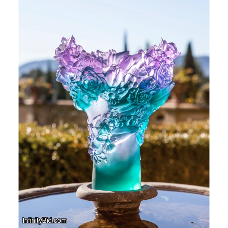 Daum Sweet Garden Medium Vase Violet & Turquoise Crystal Pâte de Verre 05719