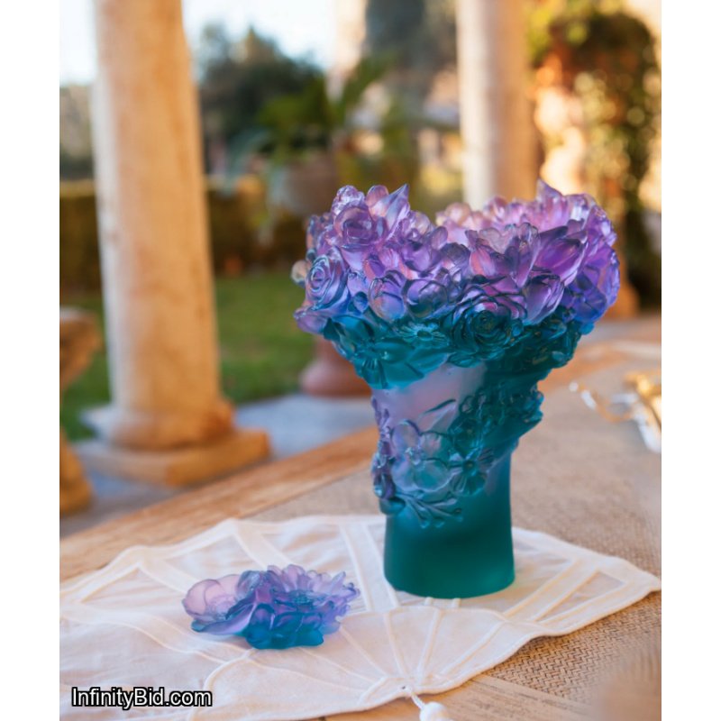 Daum Sweet Garden Medium Vase Violet & Turquoise Crystal Pâte de Verre 05719