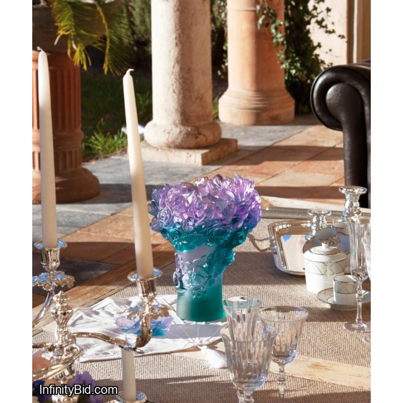 Daum Sweet Garden Medium Vase Violet & Turquoise Crystal Pâte de Verre 05719