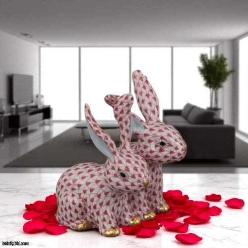 Herend Twisted Bunnies – Red Fishnet Porcelain Figurine | Handmade in Hungary