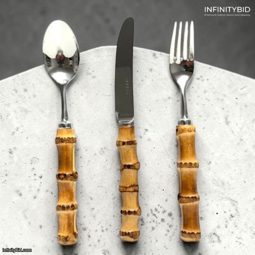 Ishela Bamboo and Silver Cutlery – Luxury 18-Piece Flatware Set for 6 People
