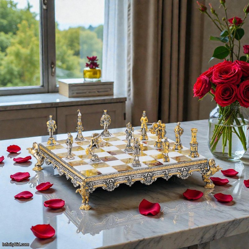 Italfama Medieval Clash XIII Century Chess Set – Bronze & 24K Gold – Signed Pieces – Onyx Board – SKU K833CS