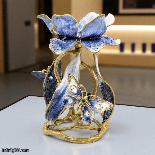 Jay Strongwater Meredith Floral 9" Pillar Candle Holder – Delft Garden Collection SKU: SDH2371-284