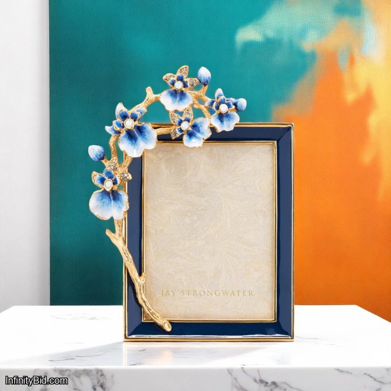 Jay Strongwater Kelsey Orchid 3x4 Inch Frame – Delft Garden | Hand-Enameled Luxury Photo Frame with Crystals