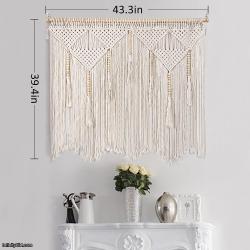 Large Macrame Wall Hanging 43.3" × 39.4" Boho Tapestry Woven Wall Decor- Cotton Tassel Macrame Curtain Beige Chic Bohemian Wall Art for Home Living Room Bedroom Dorm Wedding (Includes Hanging Rod)