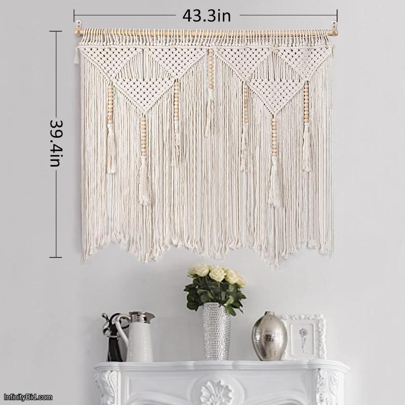 Large Macrame Wall Hanging 43.3" × 39.4" Boho Tapestry Woven Wall Decor- Cotton Tassel Macrame Curtain Beige Chic Bohemian Wall Art for Home Living Room Bedroom Dorm Wedding (Includes Hanging Rod)