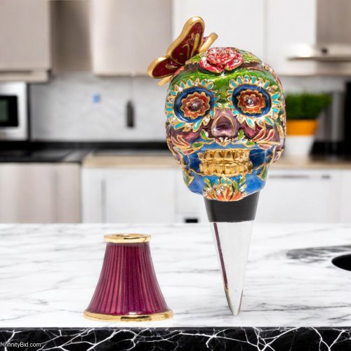 Jay Strongwater Calavera Skull Wine Stopper with Coordinating Stand – 14K Gold, Enamel & Swarovski® Crystals SKU: SDH6646-289