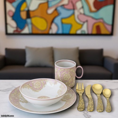 Versace Kids – Barocco Rose 7-Piece Children's Dining Set Fine Porcelain | Barocco Gold Cutlery | Made in Germany | NEW 2025