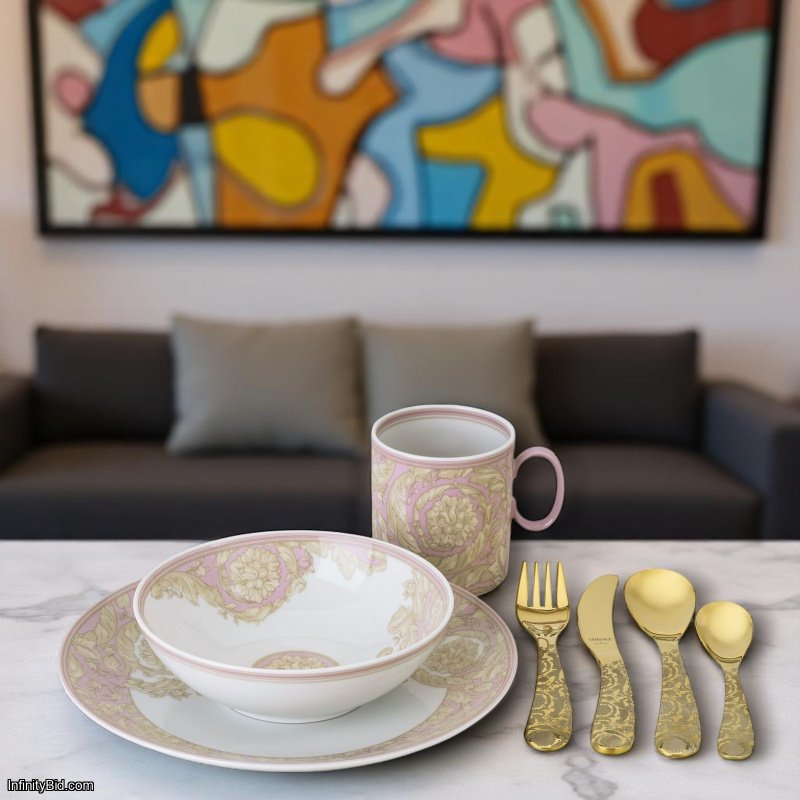 Versace Kids – Barocco Rose 7-Piece Children's Dining Set Fine Porcelain | Barocco Gold Cutlery | Made in Germany | NEW 2025