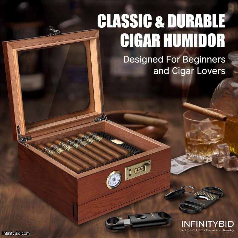 Cigar Humidor, Cedar Wood Humidor Cigar Box, Glass Top Desktop Humidor with Front Hygrometer, Humidifier, Divider, Accessories Drawer and Combination Lock, Cigar Gifts for Men (Brown)