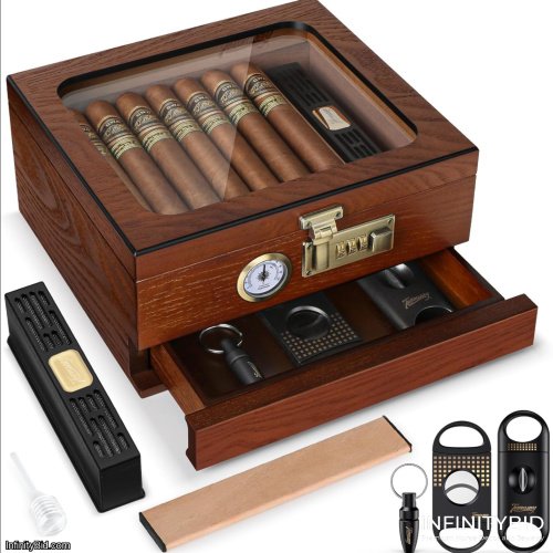 Cigar Humidor, Cedar Wood Humidor Cigar Box, Glass Top Desktop Humidor with Front Hygrometer, Humidifier, Divider, Accessories Drawer and Combination Lock, Cigar Gifts for Men (Brown)