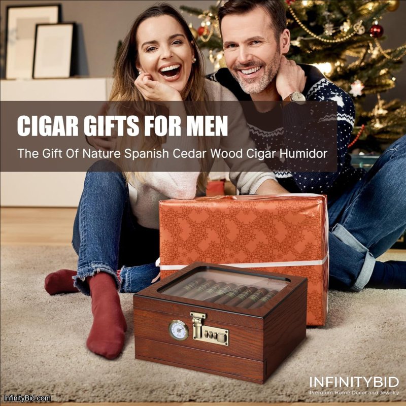 Cigar Humidor, Cedar Wood Humidor Cigar Box, Glass Top Desktop Humidor with Front Hygrometer, Humidifier, Divider, Accessories Drawer and Combination Lock, Cigar Gifts for Men (Brown)