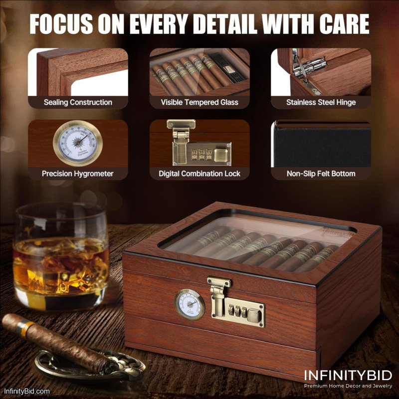 Cigar Humidor, Cedar Wood Humidor Cigar Box, Glass Top Desktop Humidor with Front Hygrometer, Humidifier, Divider, Accessories Drawer and Combination Lock, Cigar Gifts for Men (Brown)