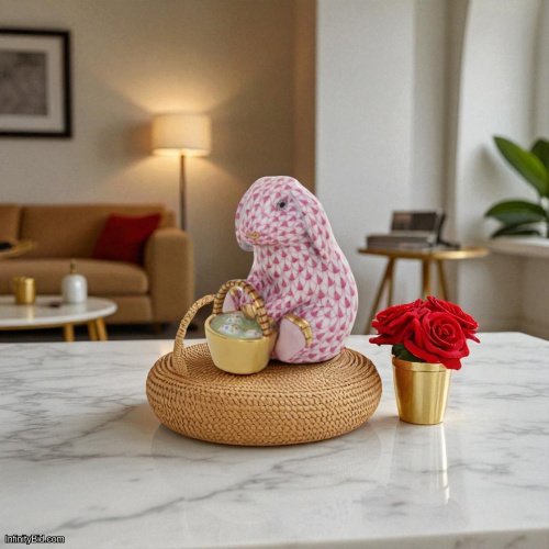 Herend Eggstravagant Rabbit with Basket – Raspberry Fishnet Porcelain Figurine | Hand-Painted with 24K Gold