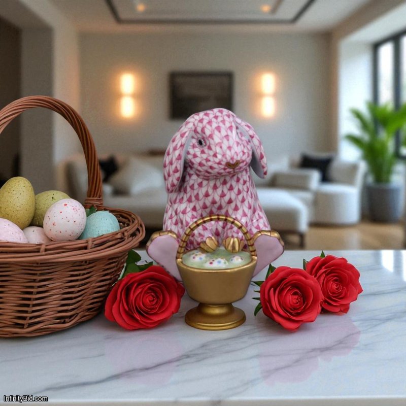 Herend Eggstravagant Rabbit with Basket – Raspberry Fishnet Porcelain Figurine | Hand-Painted with 24K Gold