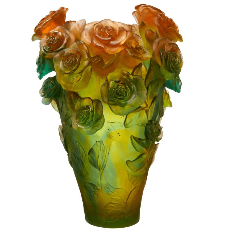 Daum Magnum Rose Passion Vase in Green & Orange 99 ex 05106-2