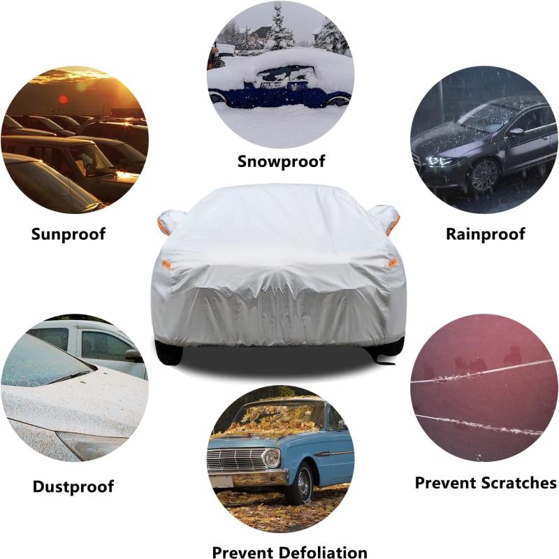 Car Cover 6 Layers, Waterproof Sedan Car Cover with Zipper Door, Snowproof/UV Protection/Windproof, Universal Car Covers Breathable Fabric with Cotton (185" to 200")