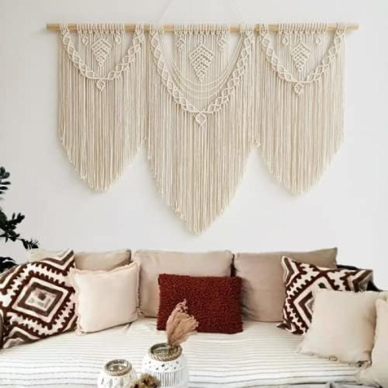 guzhiou large macrame wall hanging - Boho Tapestry Macrame Wall Decor Art- Chic Bohemian Handmade Woven Tapestry Home Decoration for Bedroom Living Room Apartment Wedding Party - 43"x32" (Beige-Leaf)
