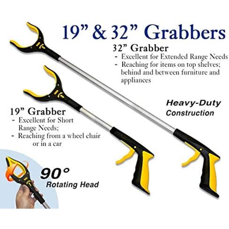 2-Pack 32 Inch and 19 Inch Grabber Reacher with Rotating Jaw - Mobility Aid Reaching Assist Tool