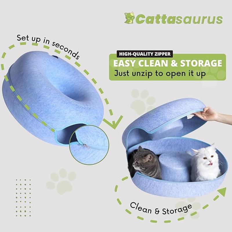 CATTASAURUS Peekaboo Cat Cave for Multiple Cats & Large Cats, for Cats Up to 30 Lbs, Cat Caves for Indoor Cats, Cat Tunnel Bed, Scratch Detachable & Washable Tunnel Cat Bed (Large, Blue)