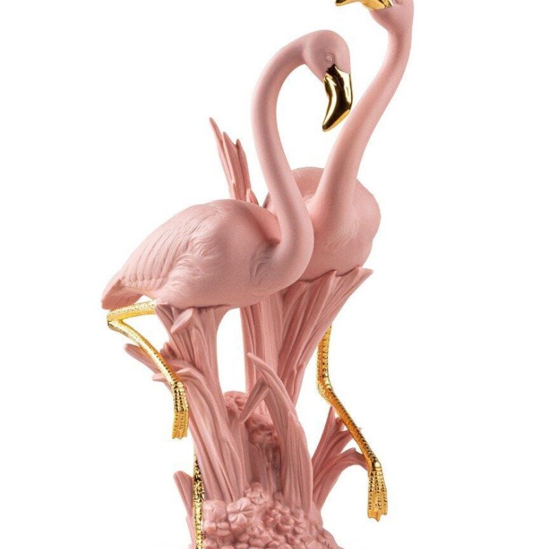 Lladró The Flamingos Sculpture Pink - Matte Porcelain with Gold Luster - Elegant Flamingo Couple Art Piece - SKU 01009675